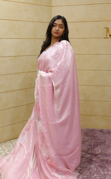 Organza Saree - pastel pink color shade Search code 7002