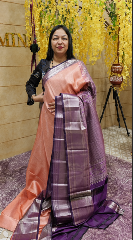 Semi Silk Saree - dark peach to wine grape shade Search code 4206