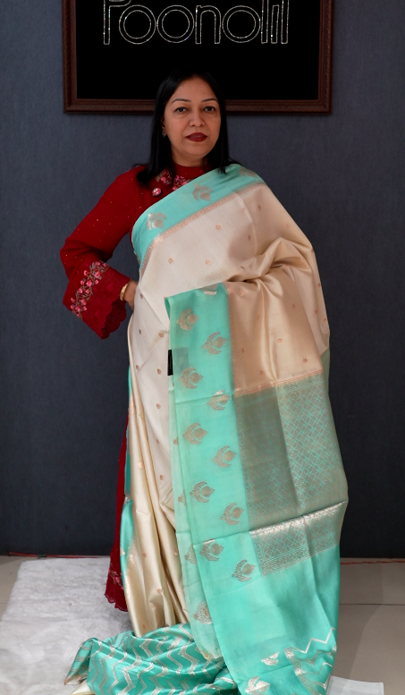 Banarasi katan silk Sarees - Cream to Powder blue shade  Search code 7005