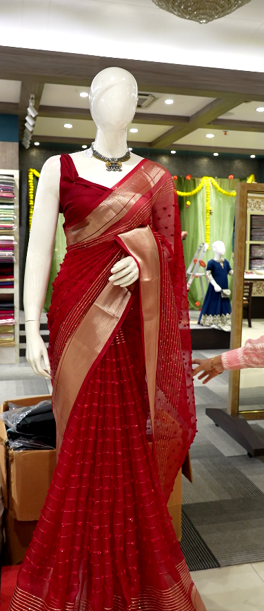Organza  Saree  -  Kumkum red color shade Search code 1500