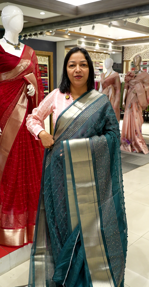Organza  Saree  -  Teal blue  color shade Search code 1502