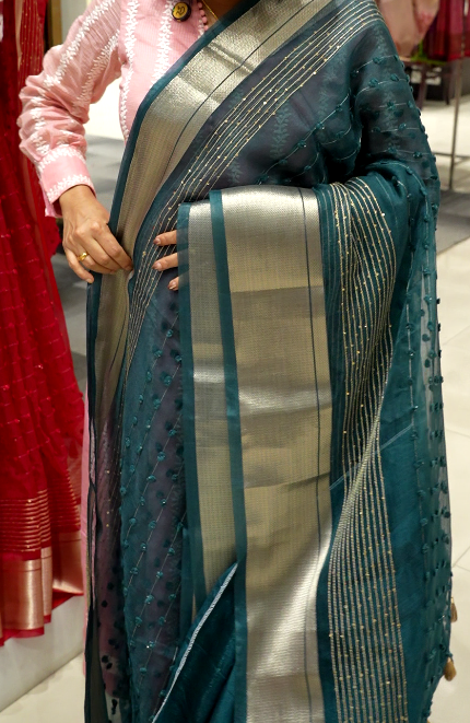 Organza  Saree  -  Teal blue  color shade Search code 1502