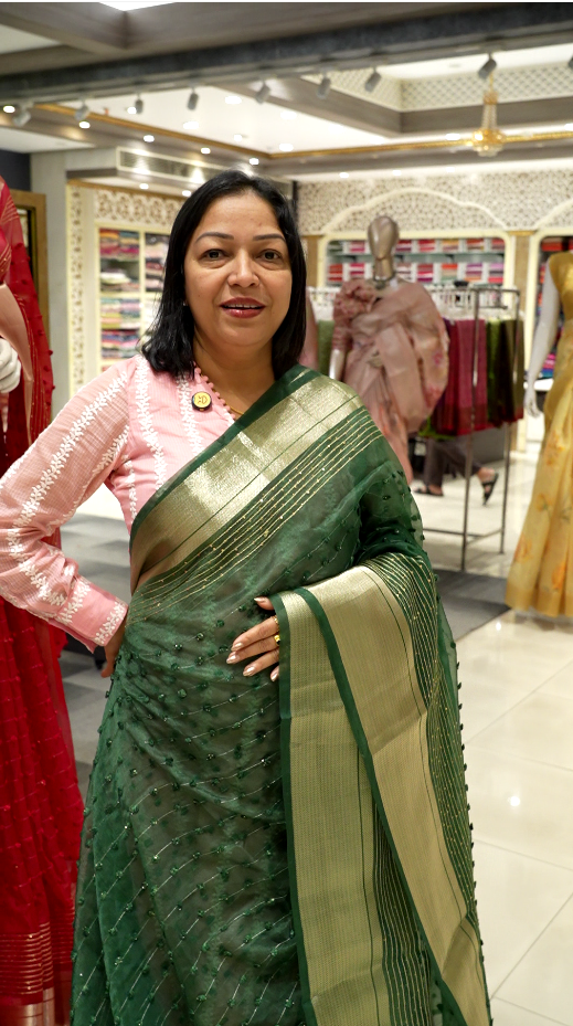 Organza  Saree  -  Bottle green  color shade Search code 1501