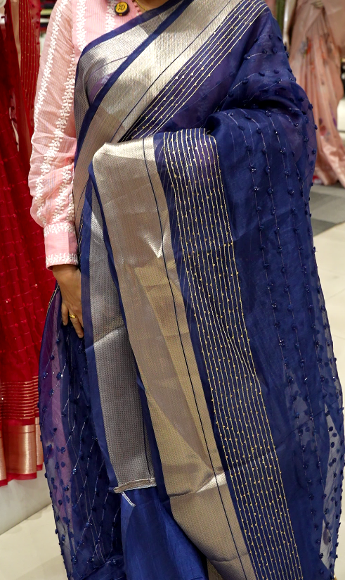 Organza  Saree  - navy blue  color shade Search code 1503
