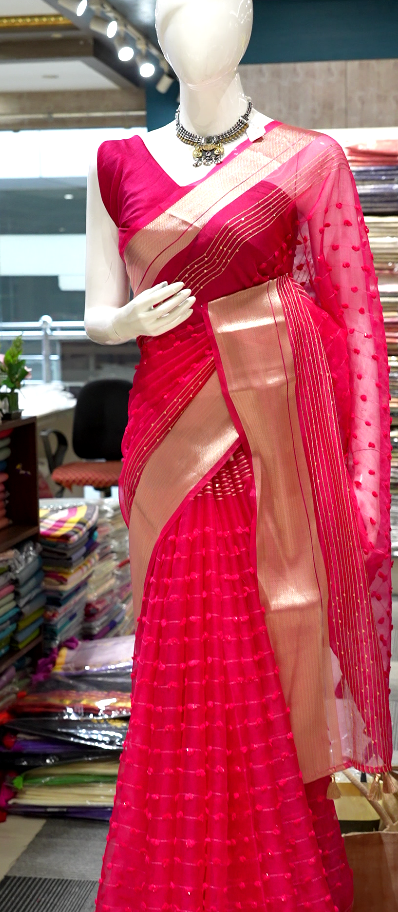Organza  Saree  - Hot pink color shade Search code 1504