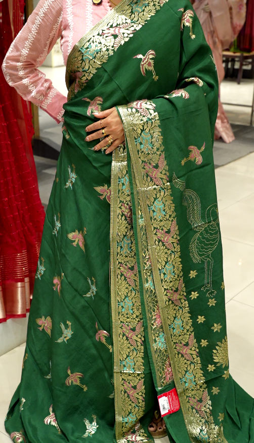 Meenakari Work semi silk saree  - Bottle green color Search code 3601