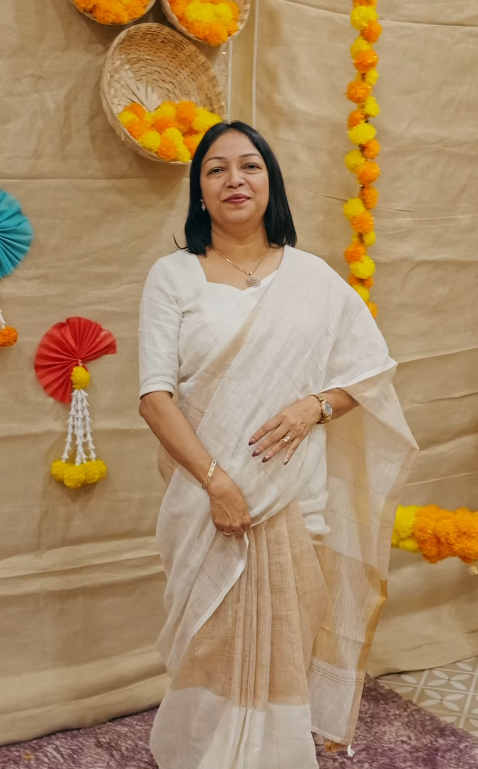 Linen Saree -  Cream color Search code  4336
