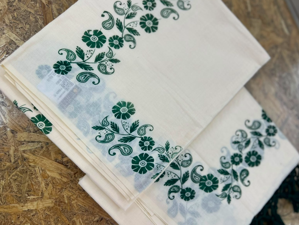 set mundu  - Golden cotton  and Green  shade Search code 9016