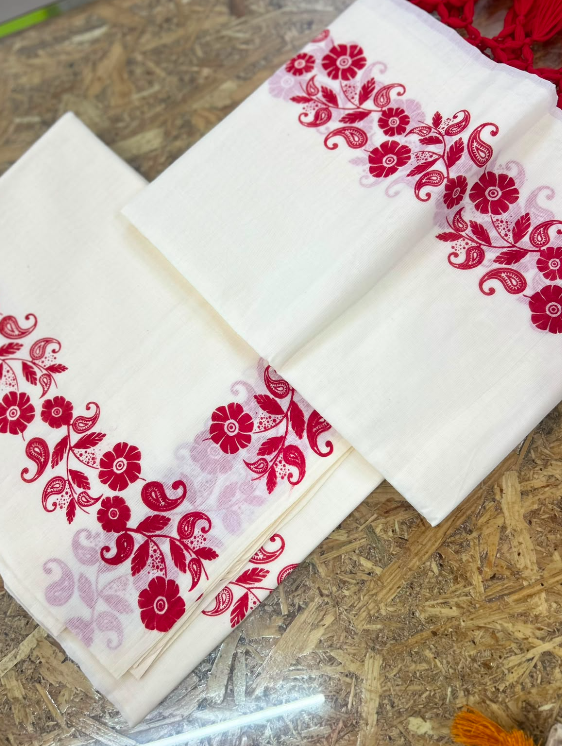 set mundu  - Golden cotton  and Red shade Search code 9018