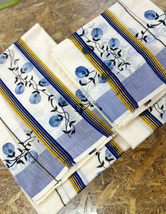 set mundu  - Golden cotton  and Blue shade Search code 9019