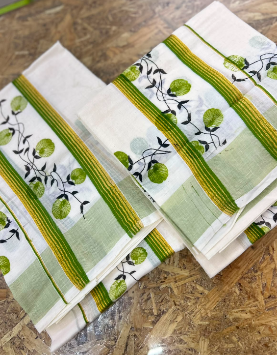 set mundu  - Golden cotton  and green  shade Search code 9020