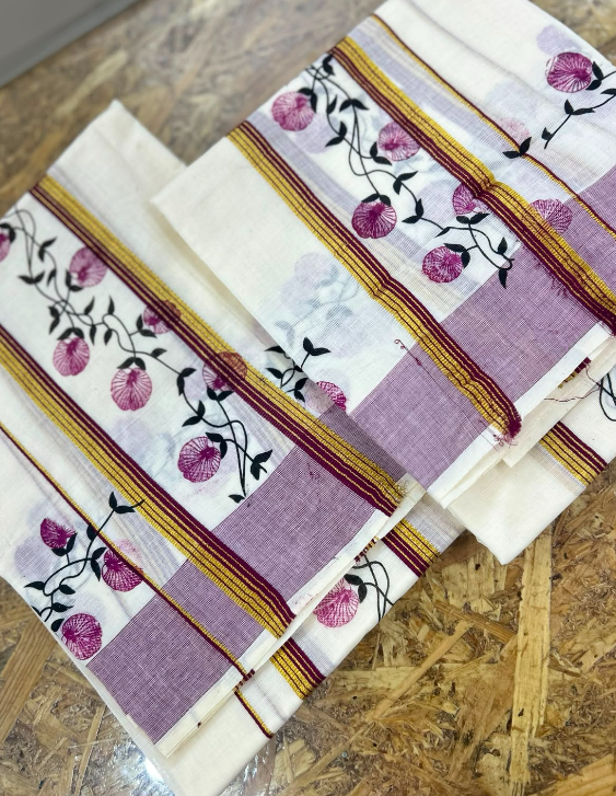 set mundu  - Golden cotton  and wine shade Search code 9021