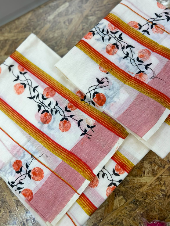 set mundu  - Golden cotton  and orange shade Search code 9022