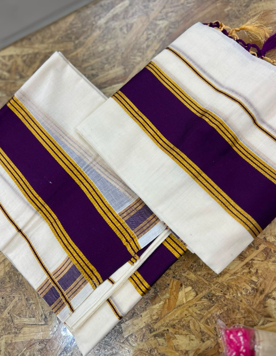 set mundu  - Golden cotton  and wine purple  shade Search code 9023