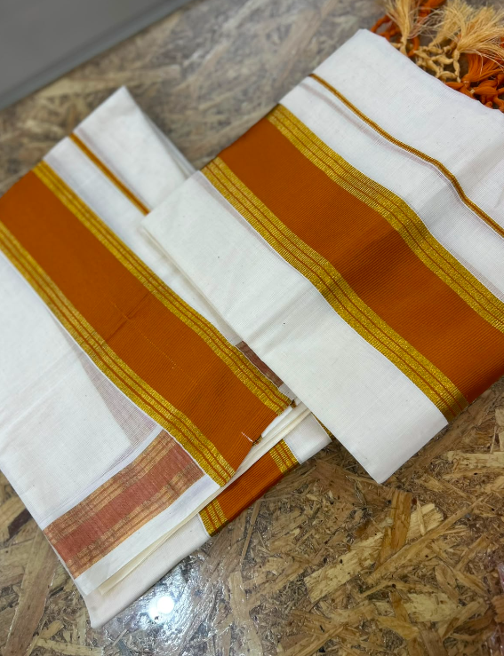 set mundu  - Golden cotton  and  Orange yellow  shade Search code 9024