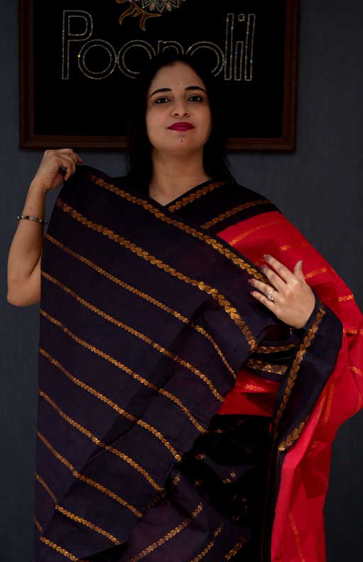 KANCHI COTTON SAREE - Brick red to Deep blue shade Search code 5010