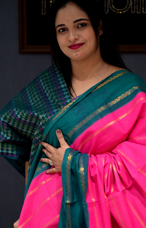 KANCHI COTTON SAREE -Pink to ocean blue shade Search code 5011