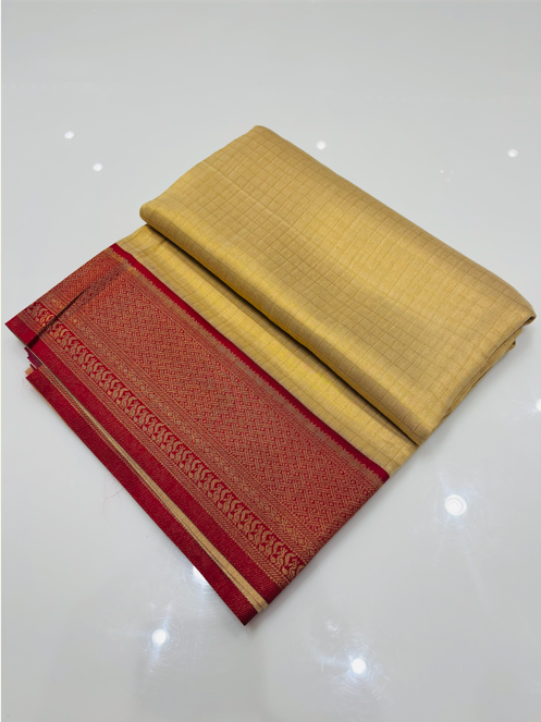 Semi Silk Saree- Premium Check Pattern with a Rich Maroon Border  serch code 90001