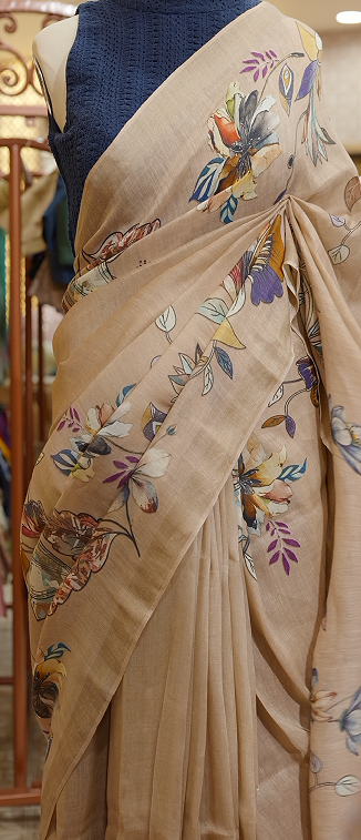 PURE LINEN SAREE - cream base color Search code 5204