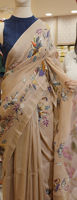 PURE LINEN SAREE - cream base color Search code 5204
