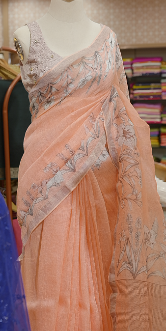 PURE LINEN SAREE -peach color Search code 5205