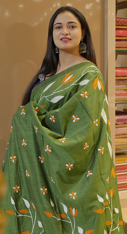 Budget friendly Khadi Cotton Saree - green color shade Search code 8001
