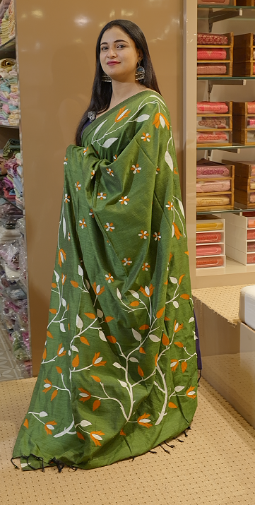 Budget friendly Khadi Cotton Saree - green color shade Search code 8001