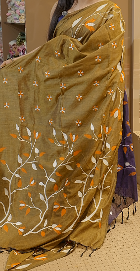 Budget friendly Khadi Cotton Saree - Golden Mehendi color shade  Search code 8004