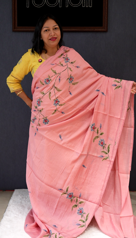 Chanderi silk  Saree -Peach  shade Search code 70012