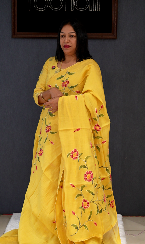 Chanderi silk  Saree -Yellow shade Search code 70013