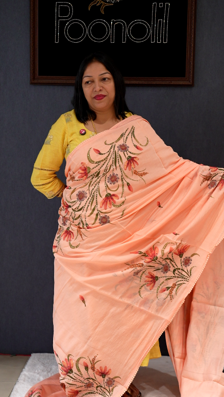 Chanderi silk  Saree -Peach shade Search code 70017