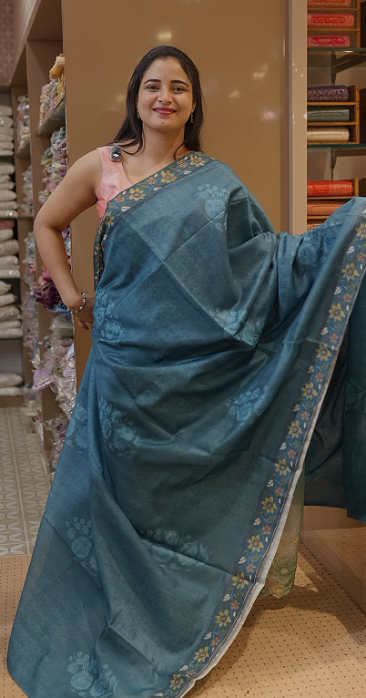 Chanderi  Saree - Teal blue color Search code 2001