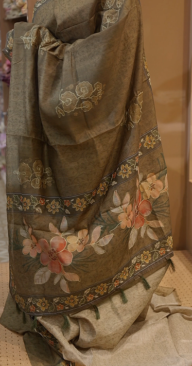 Chanderi  Saree - olive green shade color Search code 2003