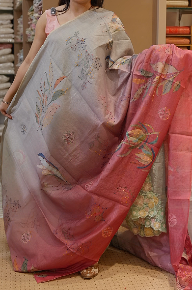 Chanderi  Saree - Rey Beige & Coral Pink color Search code 2006