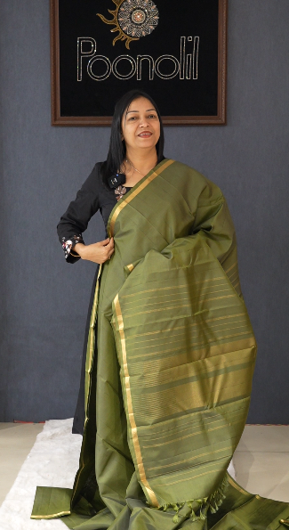 KANCHIPURAM SAREE -Olive green shade Search code 8665