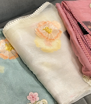 Organza Saree - white color shade Search code 4217