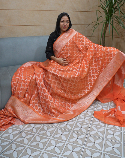 Banarasi  chanderi sarees - orange  color Search code 5219