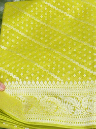 Banarasi  chanderi sarees - lemon green shade  color Search code 5226