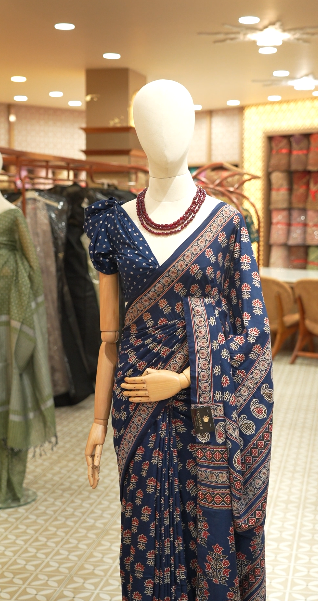 Ajrakh SAREE-navy  blue shade Search code 3520