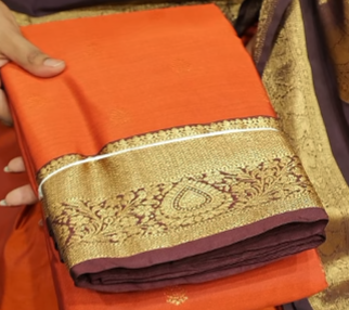 SEMI KANCHIPURAM SAREE- Burn orange to Coffee brown Search code 2003