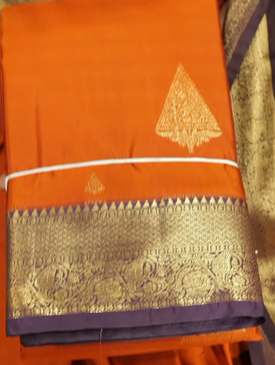 SEMI KANCHIPURAM SAREE- Burn orange to Coffee brown Search code 2006