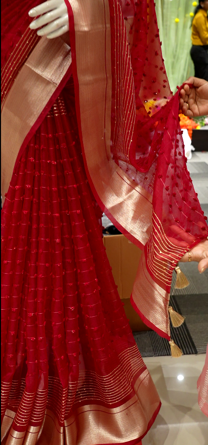 Organza  Saree  -  Kumkum red color shade Search code 1500