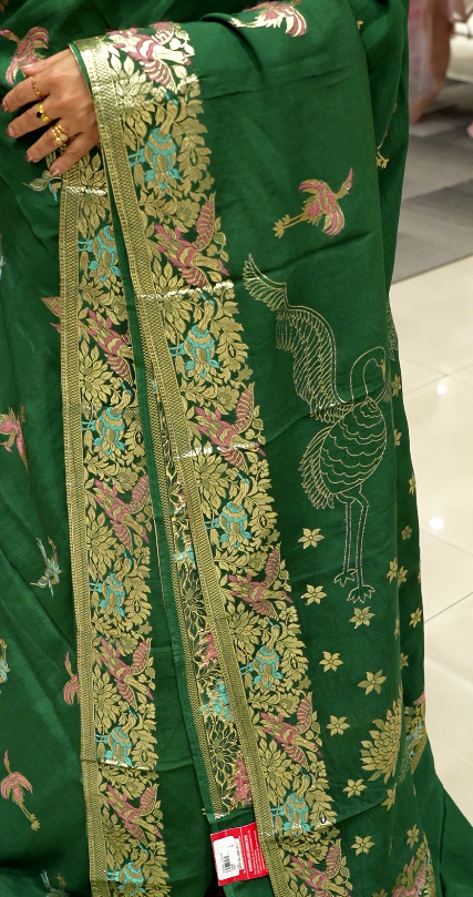 Meenakari Work semi silk saree  - Bottle green color Search code 3601