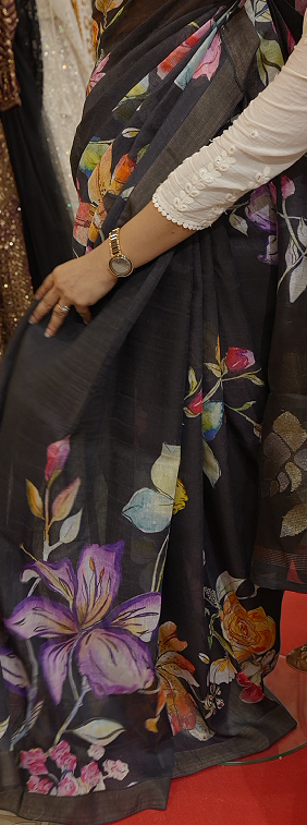 PURE LINEN SAREE -black color Search code 5203