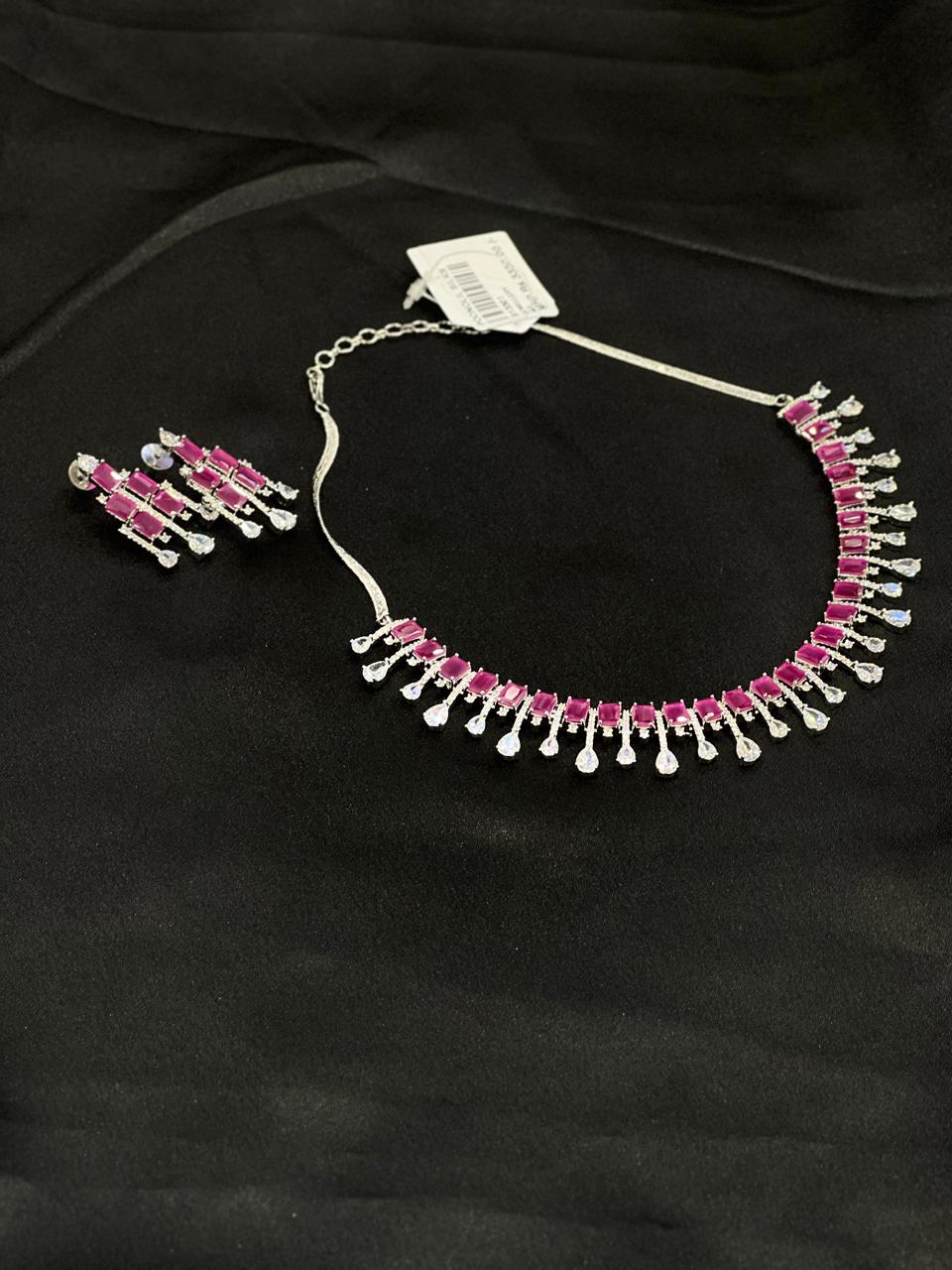 Necklace Set - AD Stone Silver and Pink color Search code 4206