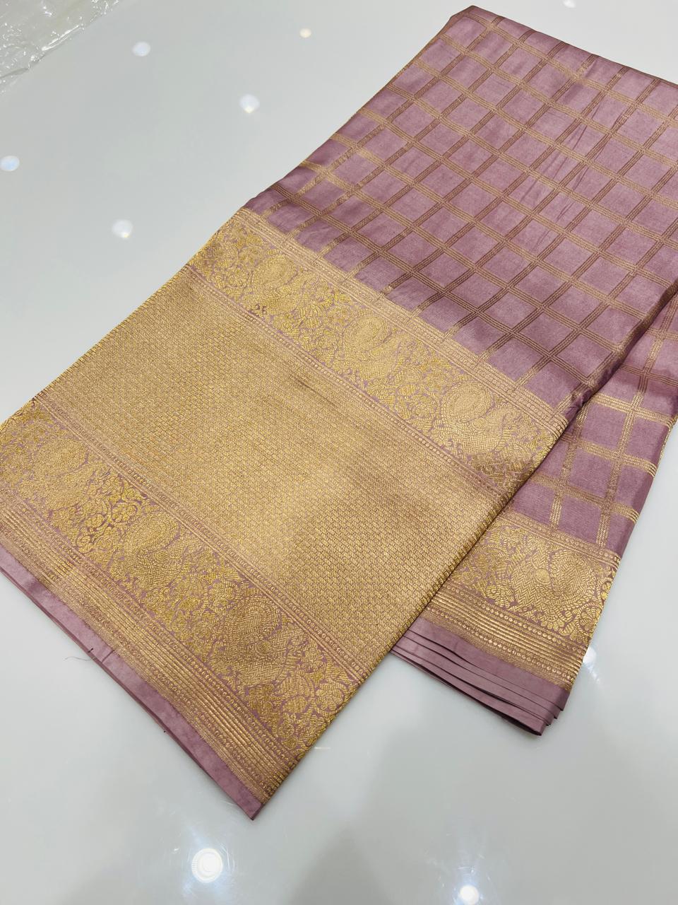 bamber satin Banarasi sarees -  Onion color Search code 8622