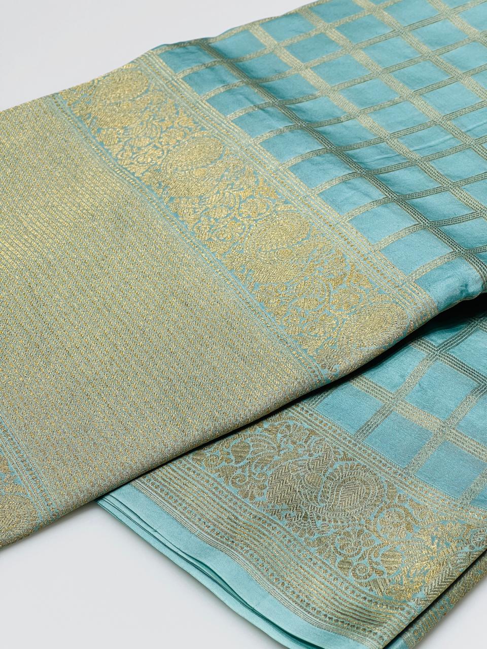 bamber satin Banarasi sarees -  Ocean blue color Search code 8623