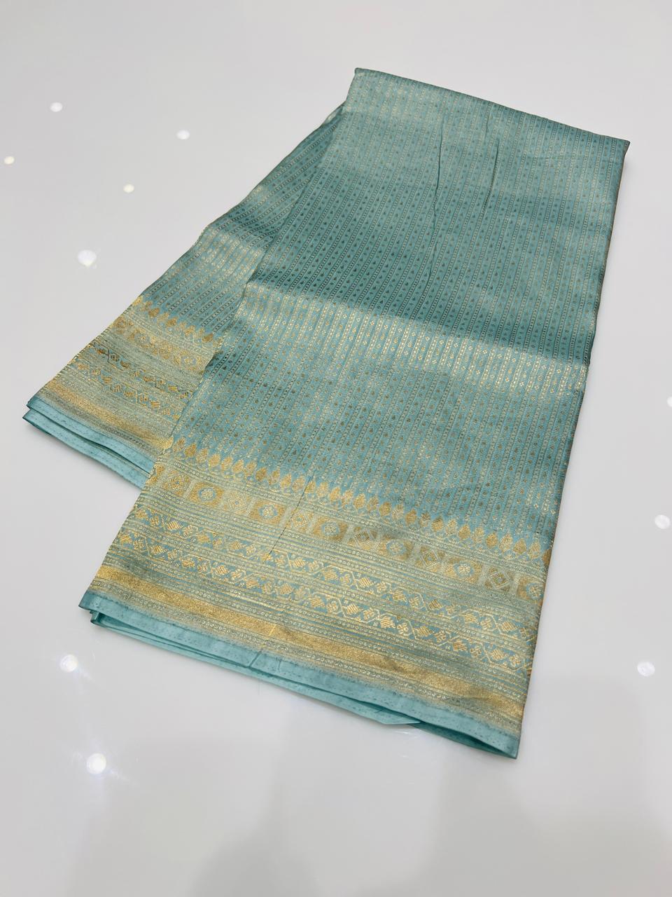 bamber satin Banarasi sarees -  Powder blue color Search code 8625