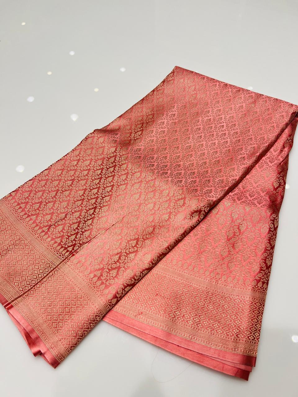 bamber satin Banarasi sarees -  Peach color Search code 8619