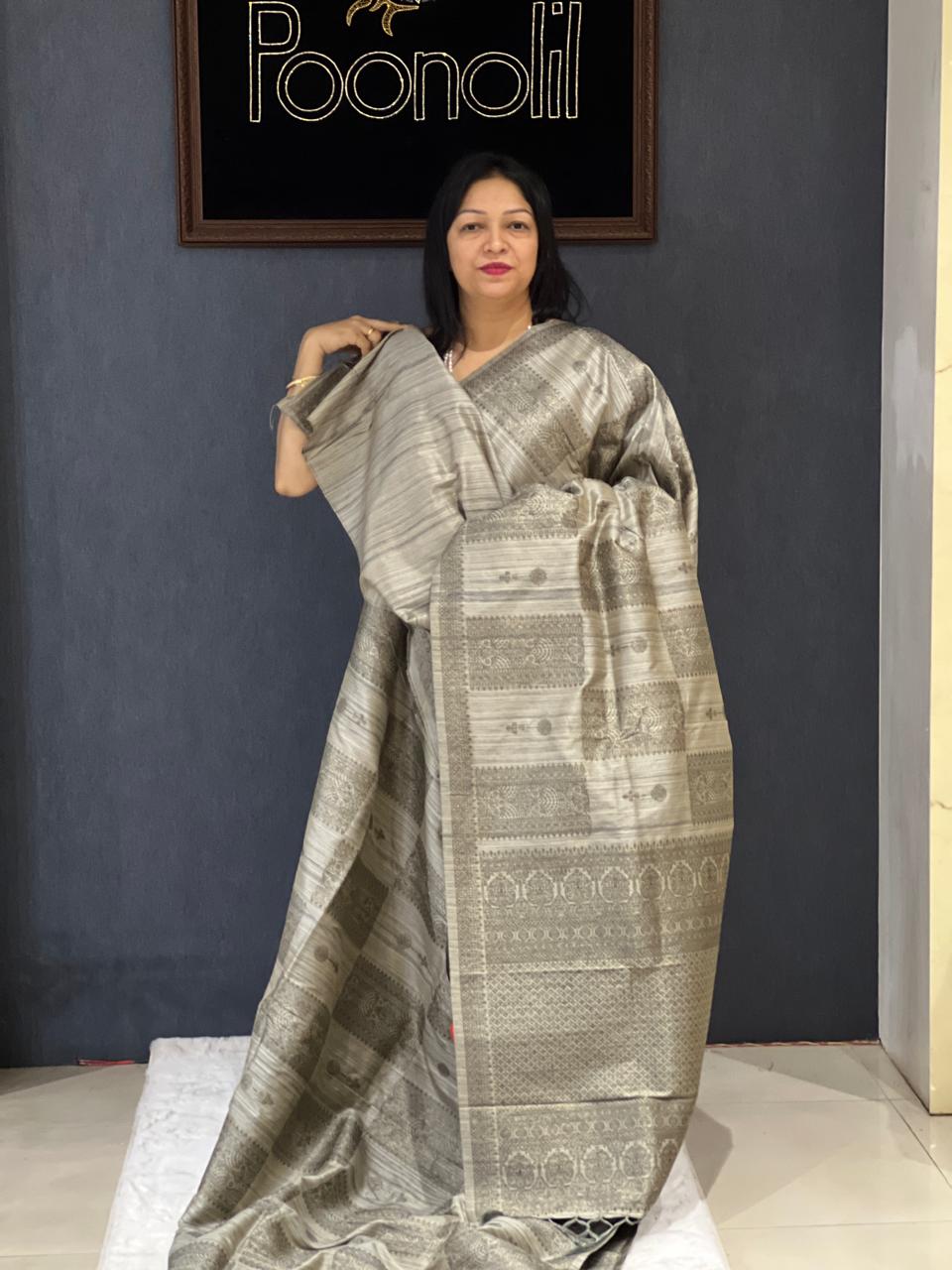 matka silk Saree - gray  shade  Search code 1830